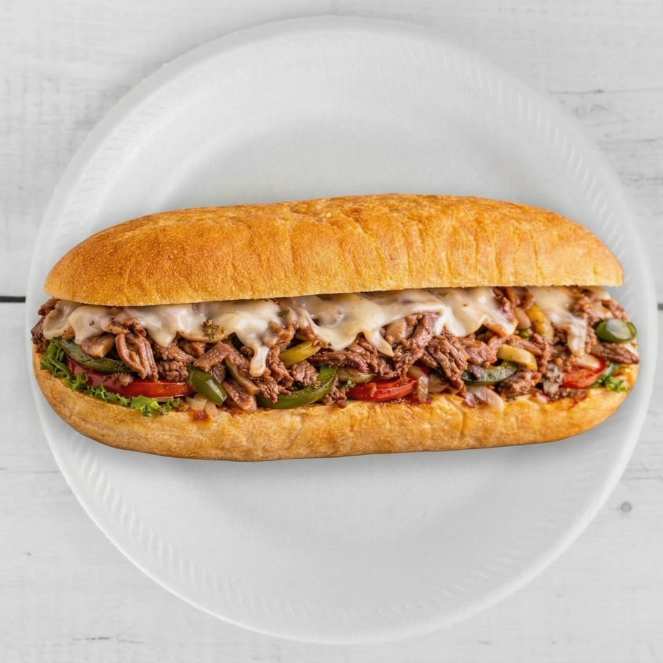 A large cheesesteak sandwich with melted cheese, steak, peppers, onions, tomatoes, and lettuce on a white plate.