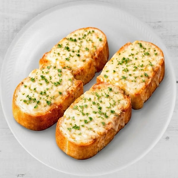Four slices of golden-brown garlic bread topped with melted cheese and green parsley on a white plate.