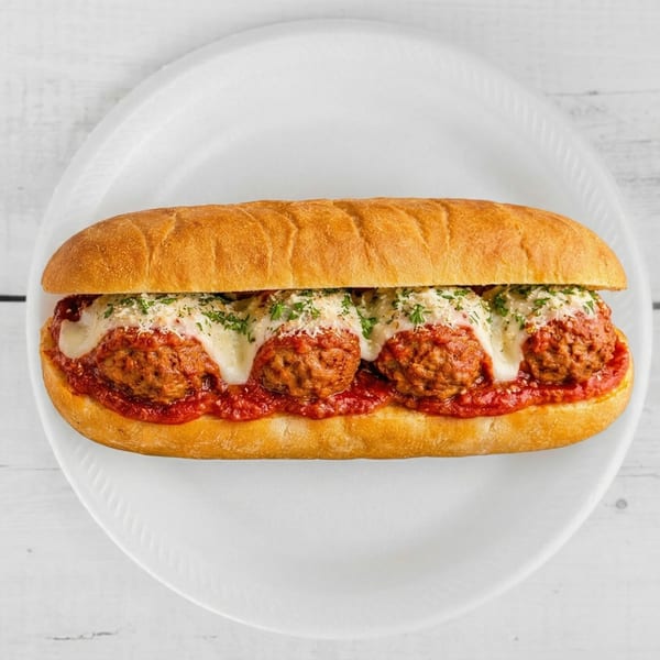A meatball sub with melted mozzarella, marinara sauce, and parsley on a white plate.