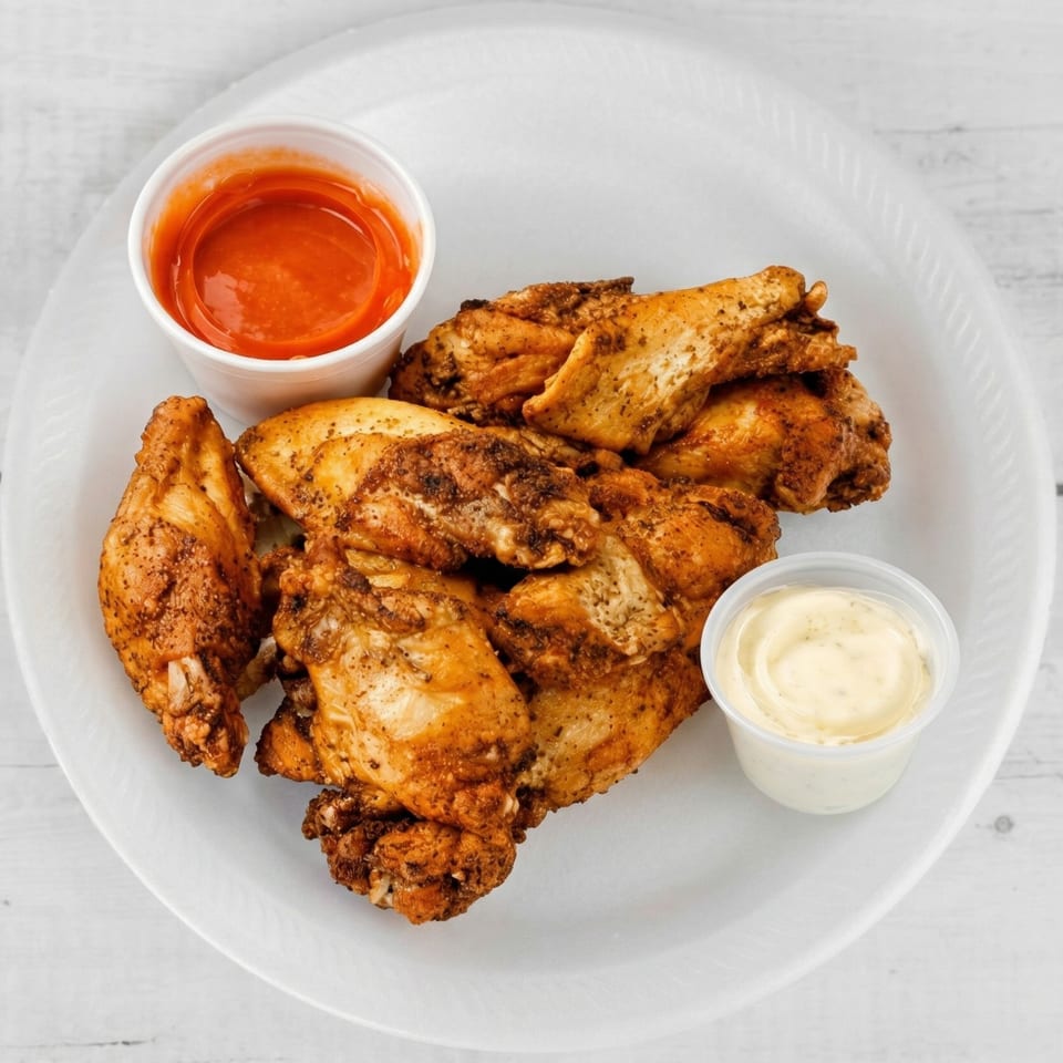 Crispy chicken wings seasoned with spices, served with red hot sauce and creamy white dip on a white plate.