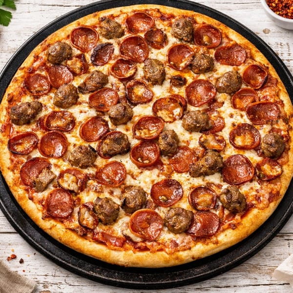 A whole pepperoni and sausage pizza on a black pan, with a bowl of red pepper flakes.