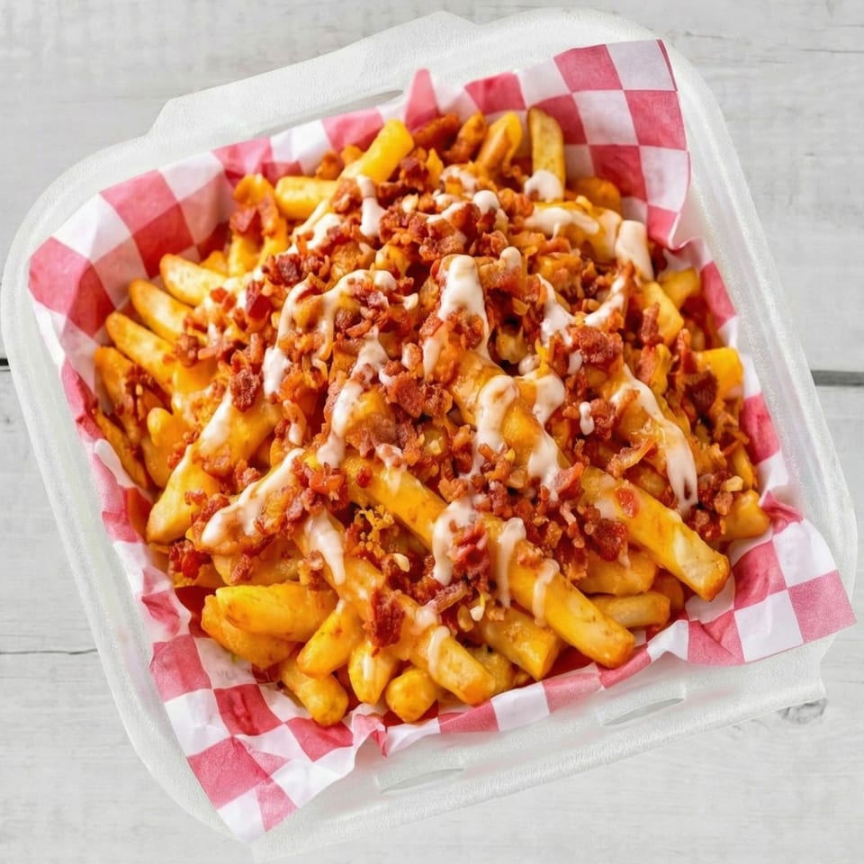 Loaded fries with melted cheese, crispy bacon bits, and a creamy white sauce in a red checkered basket.