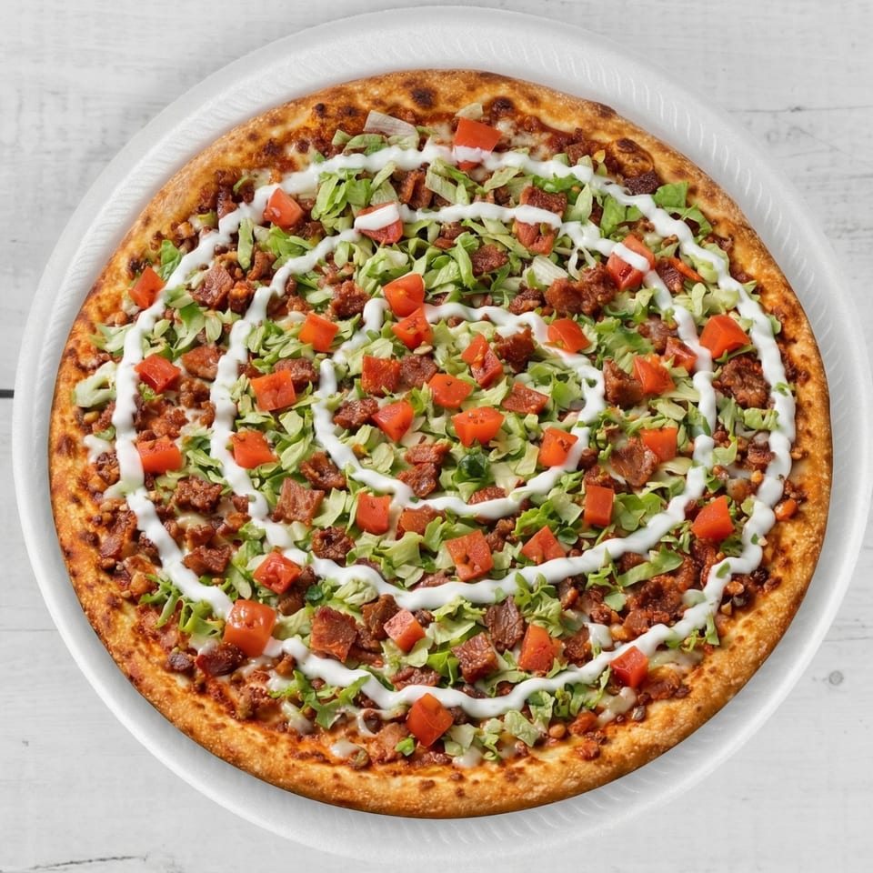 Taco pizza with ground beef, lettuce, diced tomatoes, and a swirl of white sauce on a white plate.