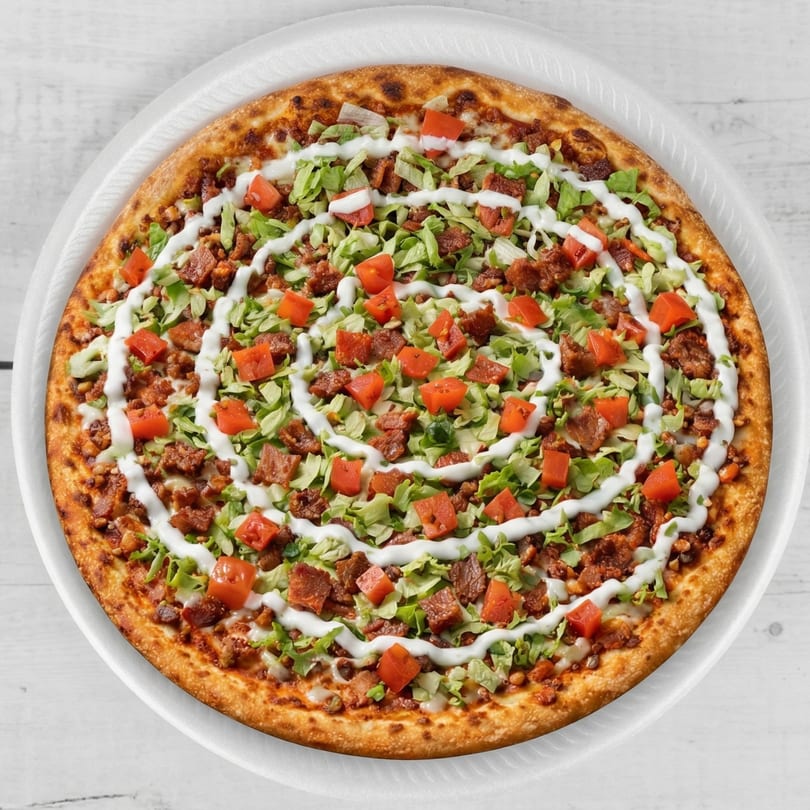 Taco pizza with ground beef, lettuce, diced tomatoes, and a swirl of white sauce on a white plate.