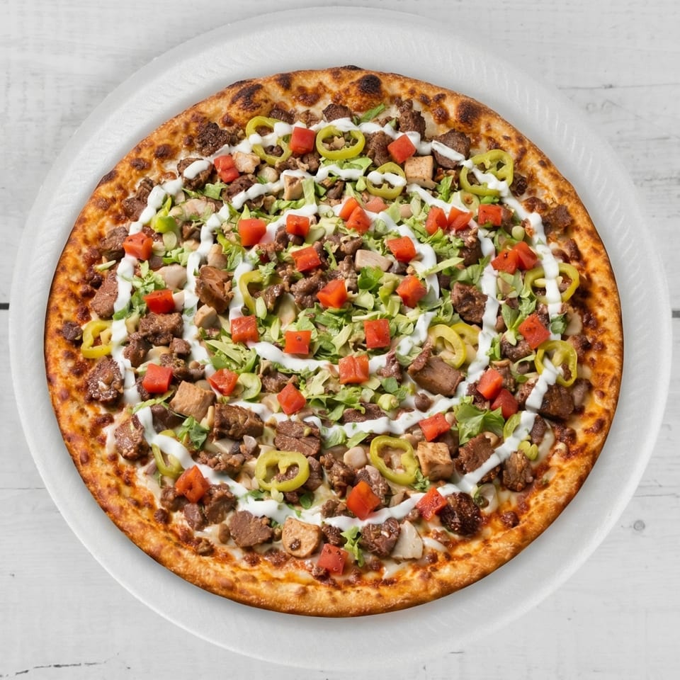 A round pizza topped with meat, diced tomatoes, green peppers, lettuce, and white sauce swirls.