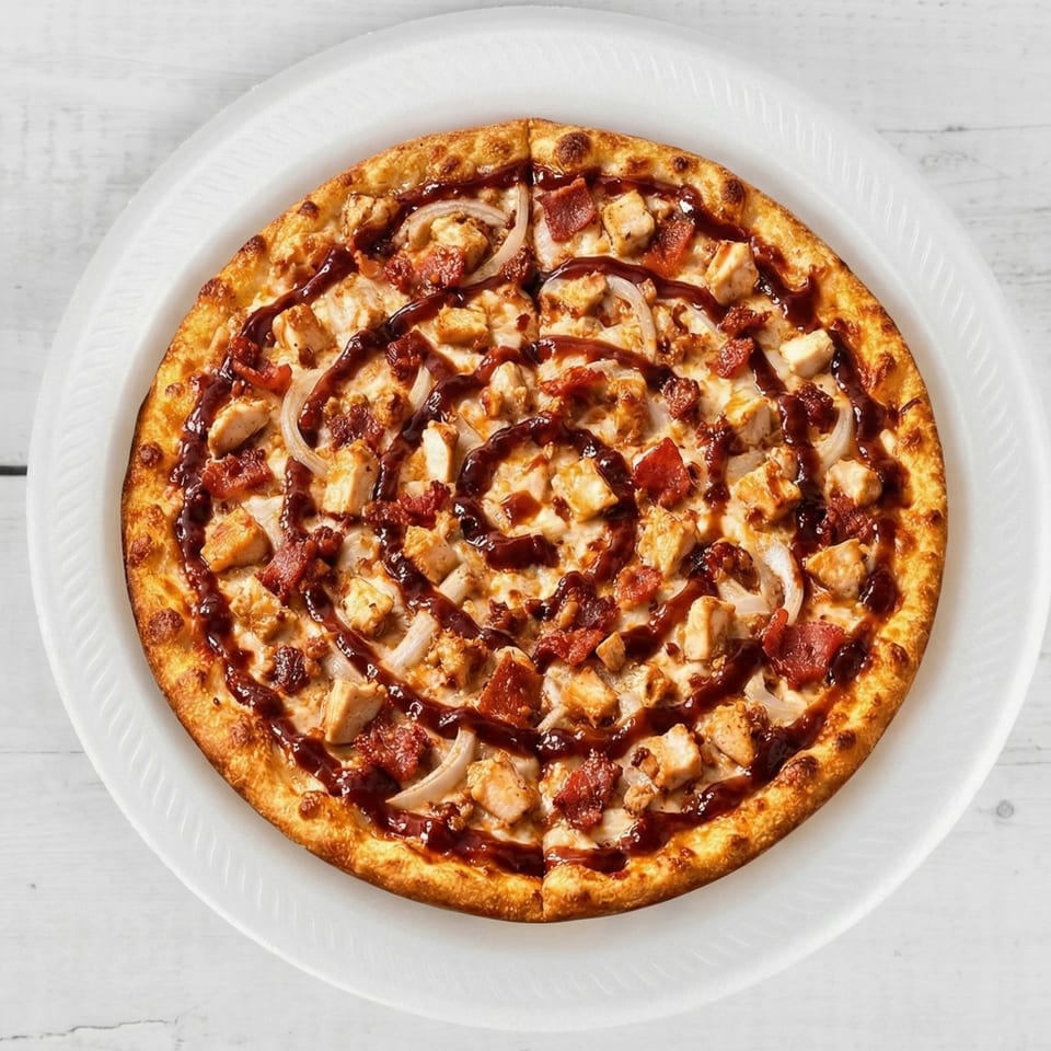 Overhead view of a whole BBQ chicken pizza with bacon and onions on a white plate.