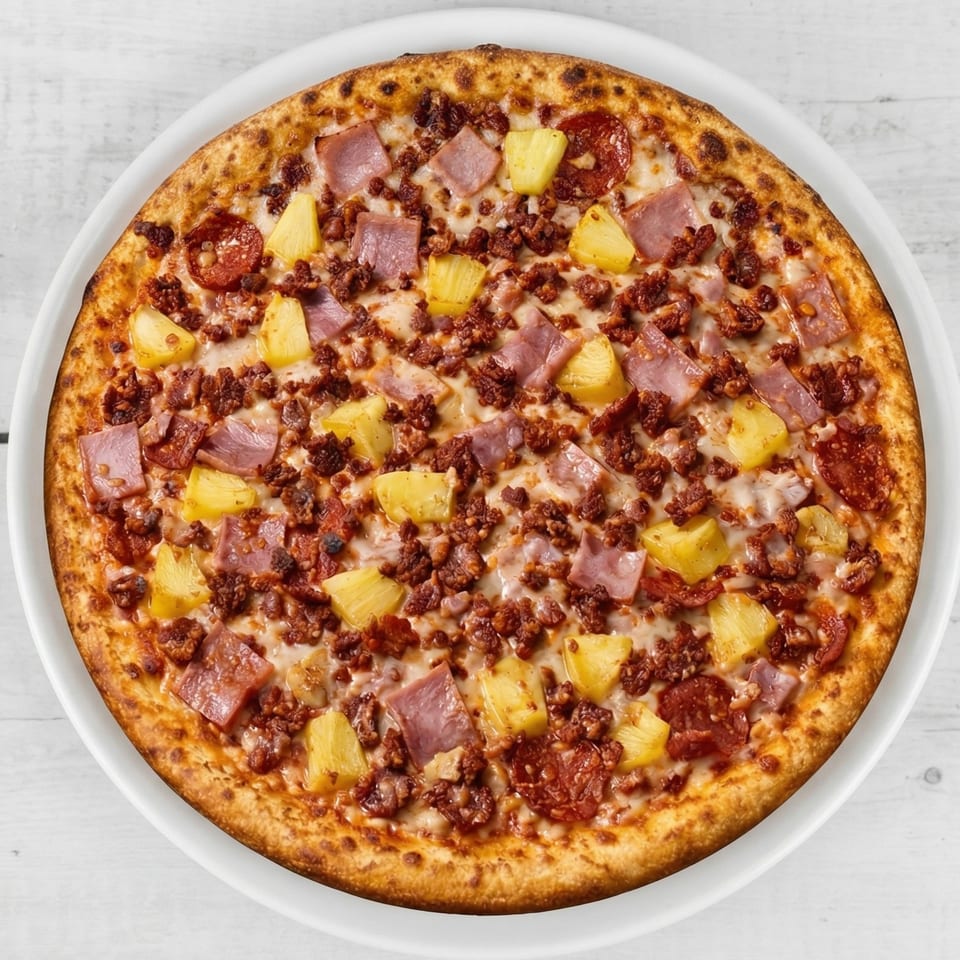 A whole pizza with pineapple, ham, pepperoni, and ground meat toppings on a white plate.