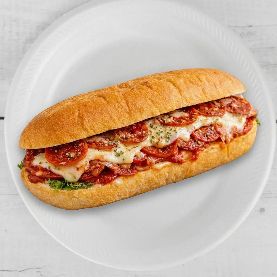 A pepperoni and cheese sub sandwich on a white plate, garnished with herbs.