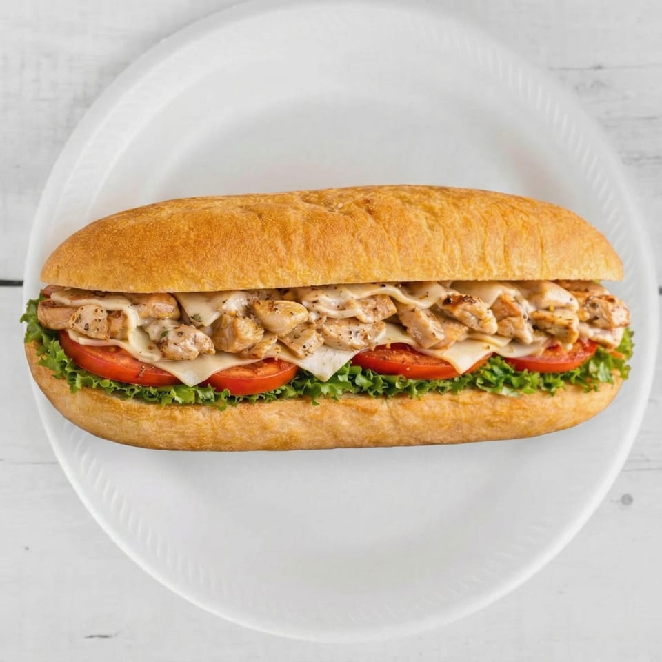 Chicken sub sandwich with melted cheese, tomatoes, and lettuce on a white plate.
