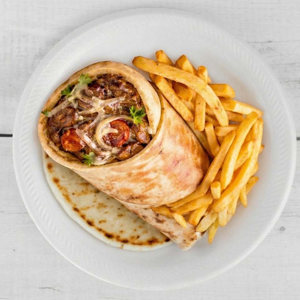 A beef and vegetable wrap with melted cheese and fresh parsley, served with golden french fries.