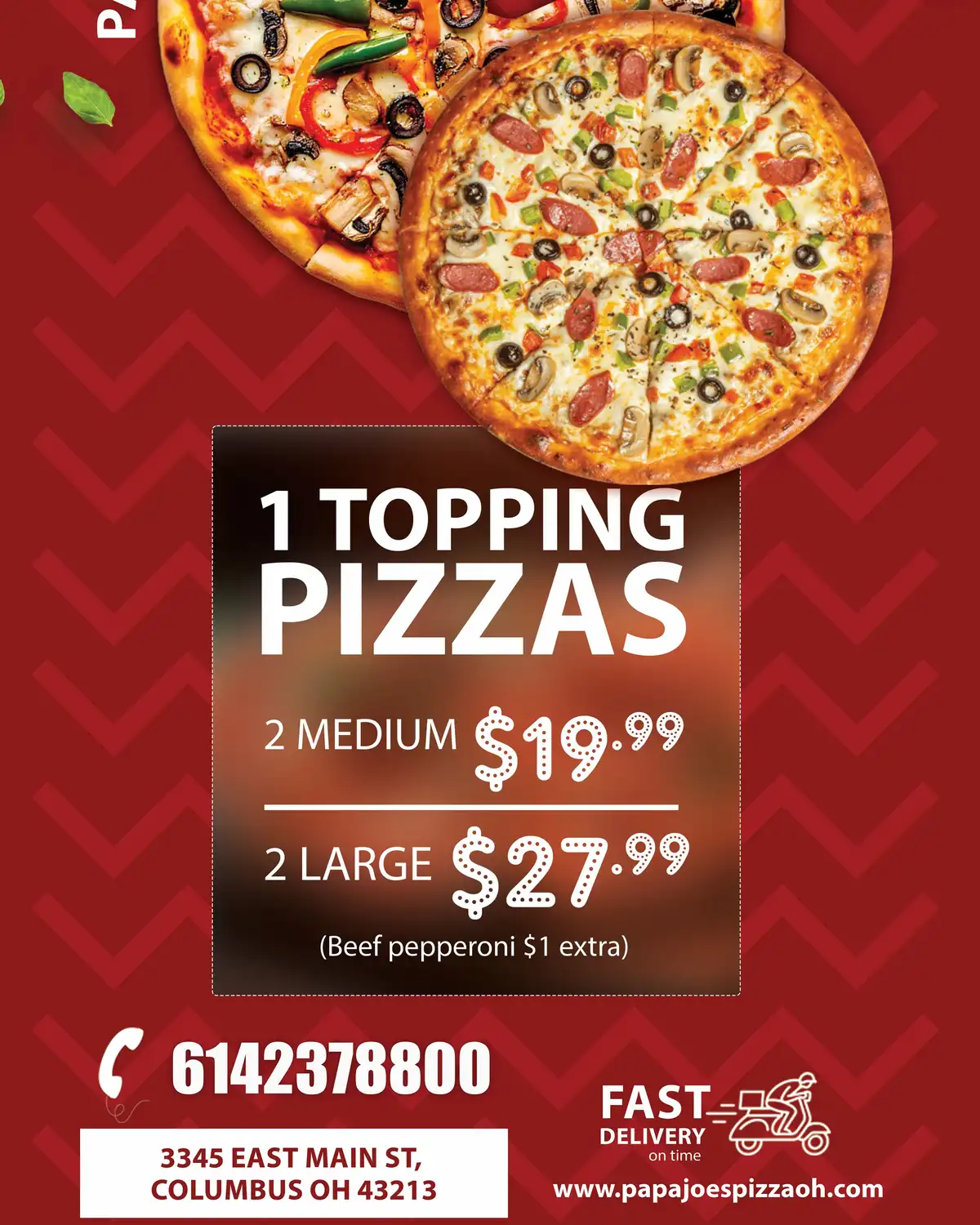 Two 12'' Medium One Topping Pizzas Saturday Special
