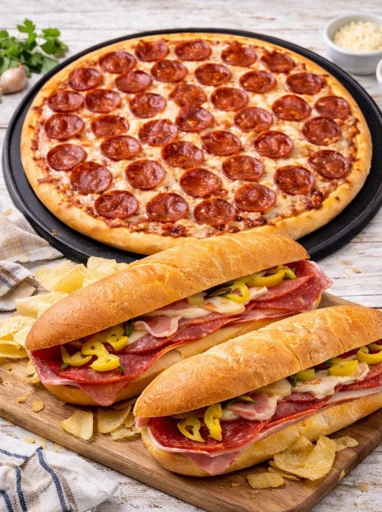 14'' Large One Topping Pizza & Two Rich Boy Subs Friday Special.