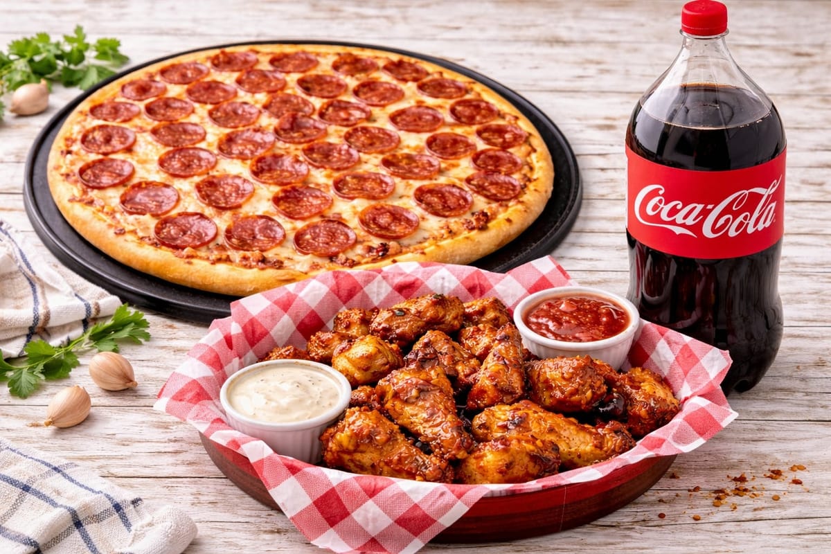 Large One Topping Pizza, 8 Pieces Wings & 2 Liter Pop Wednesday Special